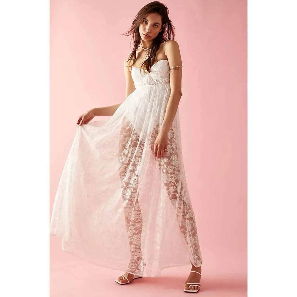 For Love & Lemons Lorena White Lace Bridal Underwire Bodysuit Maxi Dress NWT